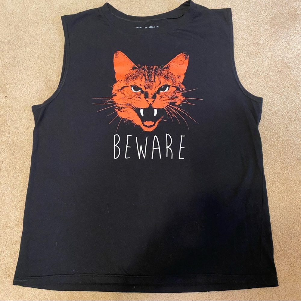Hot Topic Muscle Tee, black with orange cat head